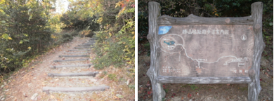 勝山城址遊歩道の写真と周辺地図が描かれた看板の写真